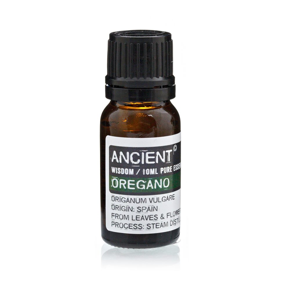 A dark brown glass bottle with a black cap presents an “ANCIENT” oregano essence label: "Wisdom / 10ml Pure Essence," "Origanum Vulgare, Origin: Spain, From Leaves & Flower, Process: Steam Distilled”. The background is plain white.