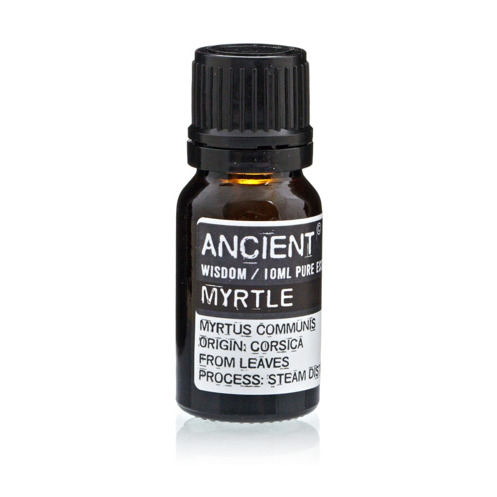 A small brown bottle with a black cap displays a label reading: "ANCIENT WISDOM / 10ML PURE ES MYRTLE MYRTUS COMMUNIS ORIGIN: CORSICA FROM LEAVES PROCESS: STEAM DIS". The bottle sits against a plain white background.