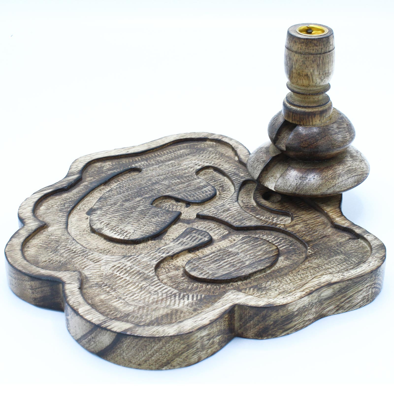 Wooden puzzle piece with a curved, abstract design fits into a matching base. The base includes a candle holder, contrasting against a plain white background.