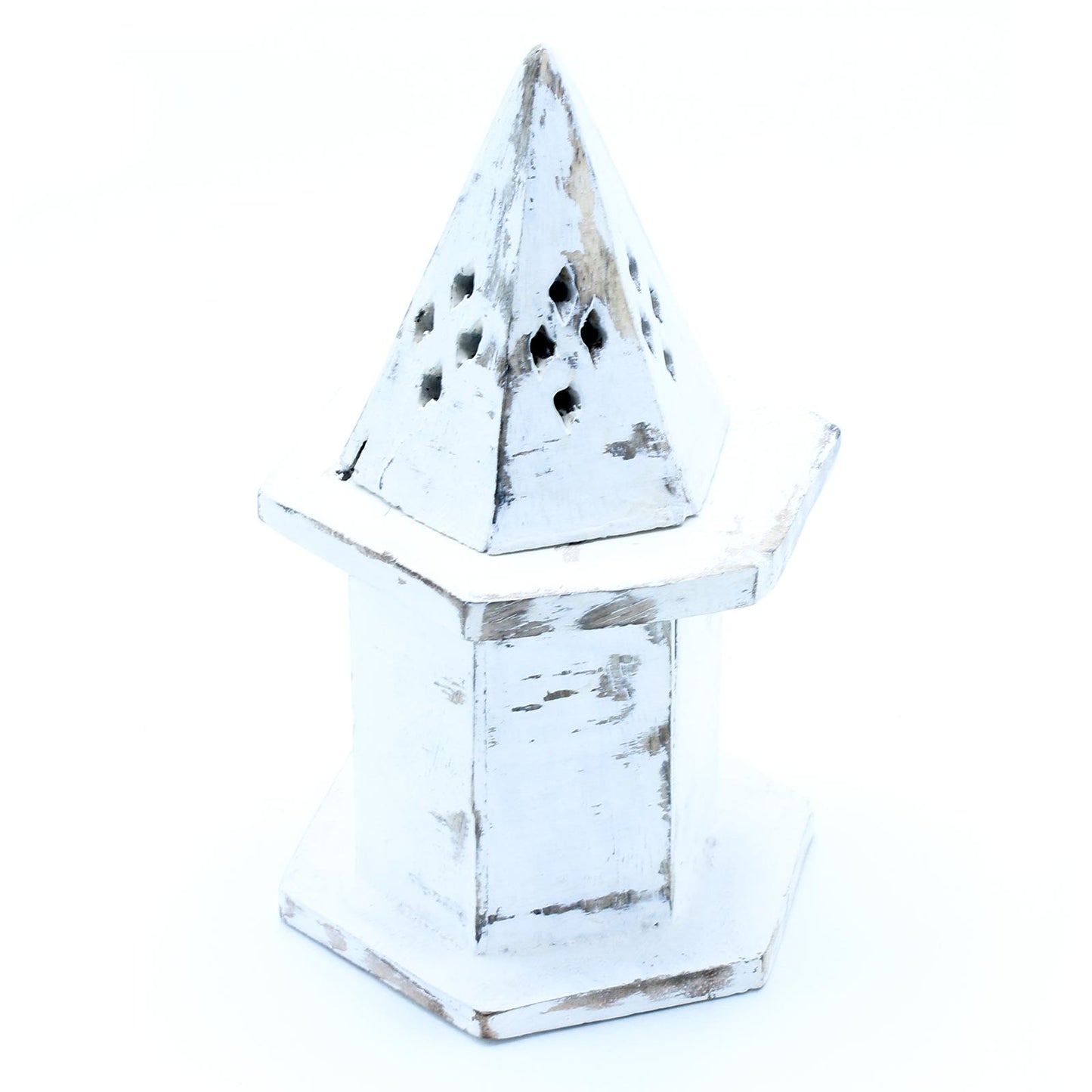 White Washed Incense Holder - Pyramid Mini House Smoke Box