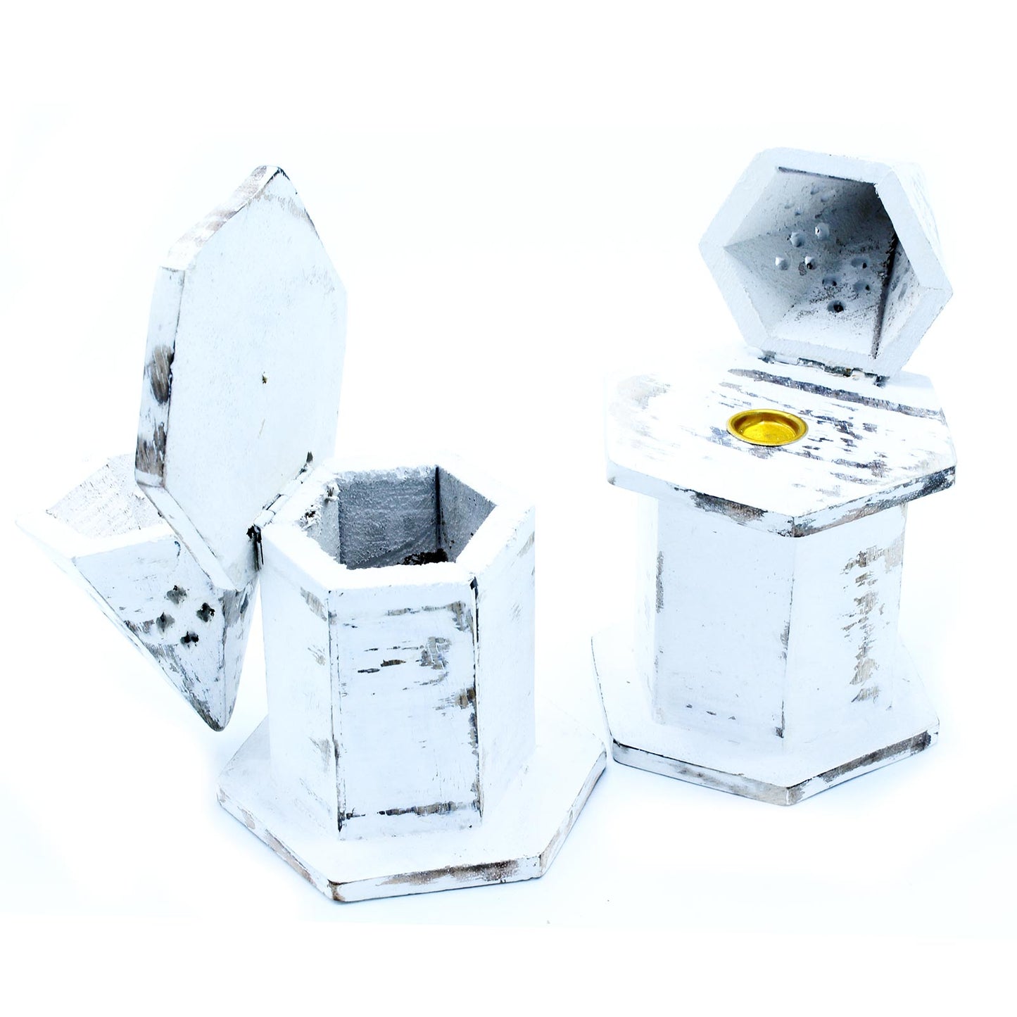 White Washed Incense Holder - Pyramid Mini House Smoke Box