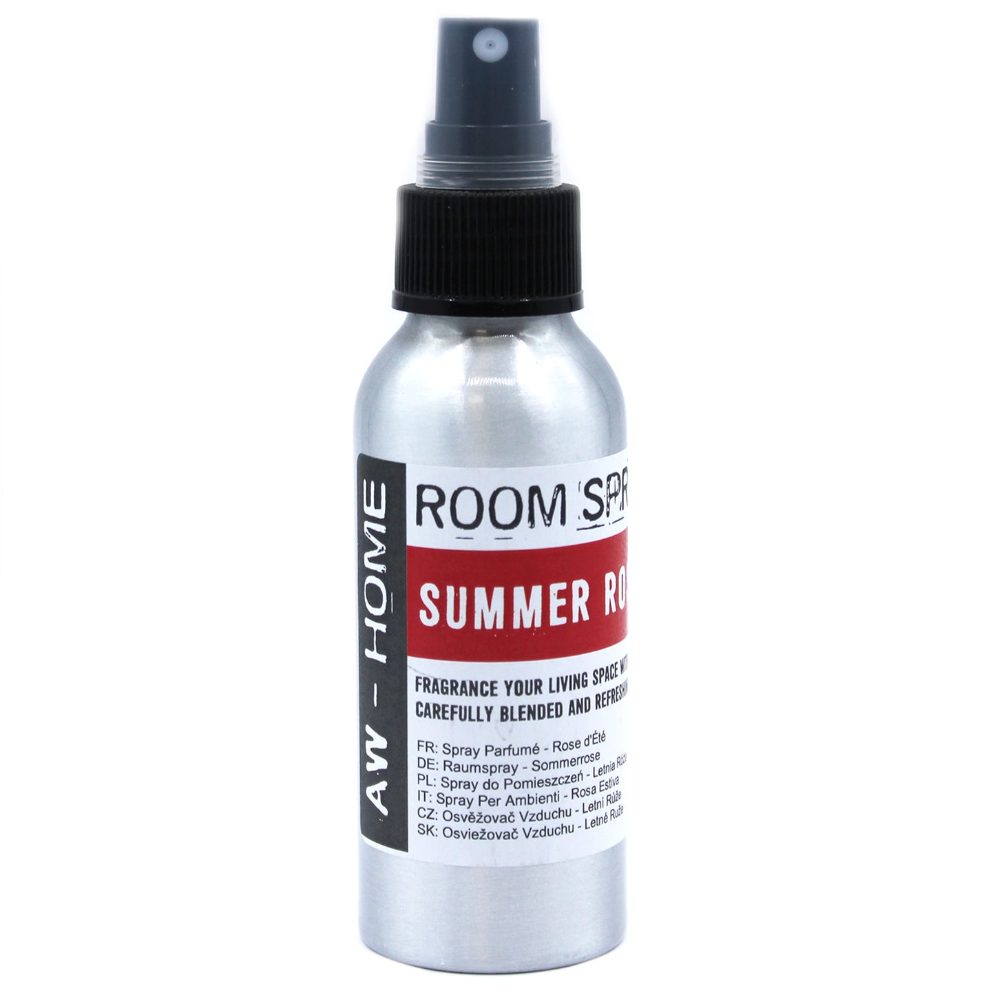 A silver aluminum bottle with a black spray top sits against a white background. It dispenses room spray, specifically a "Summer Rose" fragrance. The label includes multiple language translations for the product name.