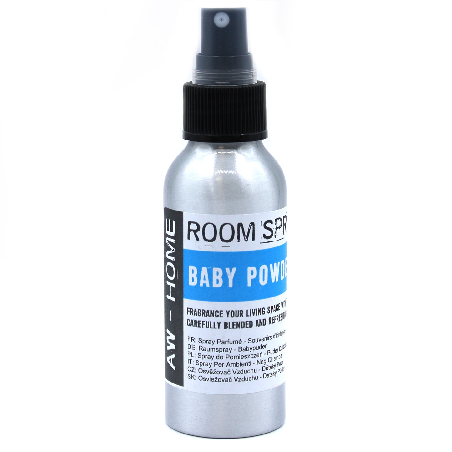 A silver aluminum bottle with a black spray top dispenses room spray; its label advertises a "baby powder" scent. The bottle sits on a white background.