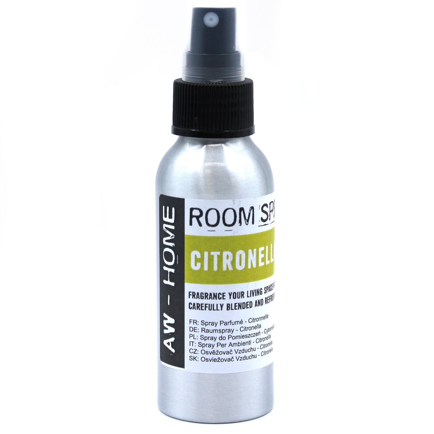 A silver spray bottle sits against a white background. The bottle dispenses citronella-scented room spray. The label indicates multiple language translations for "room spray."
