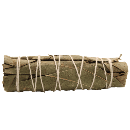 Dried leaves are bundled and tied with white string, forming a smudge stick. The background is a flat, solid green.