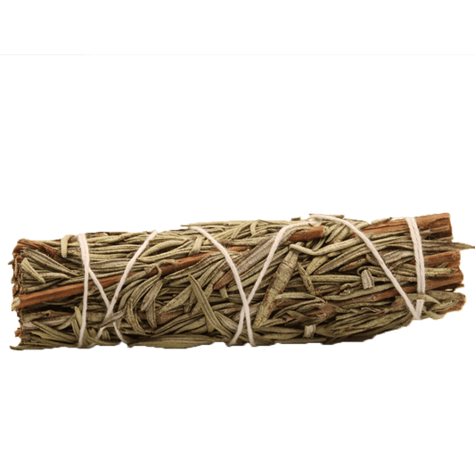 A bundle of dry rosemary and small pieces of wood is tied with white twine, set against a plain green background.