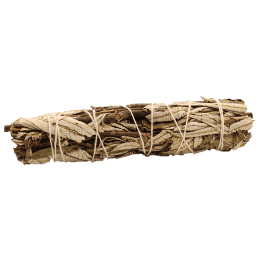 A bundle of dried leaves and twigs is tightly bound with white string, lying horizontally against a solid green background.