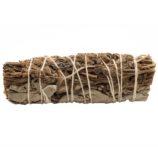 A bundle of dried sage is wrapped with white twine and positioned horizontally, centered against a gradient green backdrop.