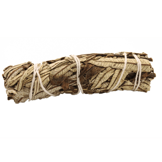 A bundle of dried leaves is secured with white twine, lying horizontally against a graduated green background.