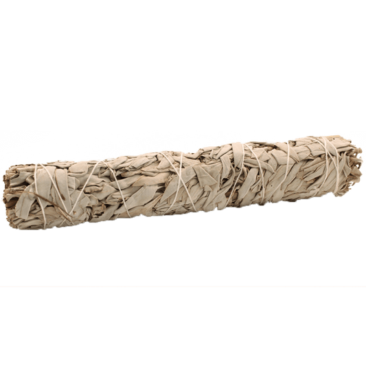 A smudge stick, tightly bound with white string, sits horizontally on a plain, dark green backdrop. The leaves are pale and layered densely.