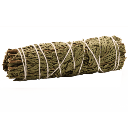 A bundle of dried cedar branches, bound with white string, sits on a white surface. The background is solid dark green.