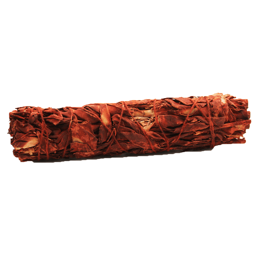 A bundle of dried red leaves is tightly bound by string, creating a cylindrical shape on a white background.