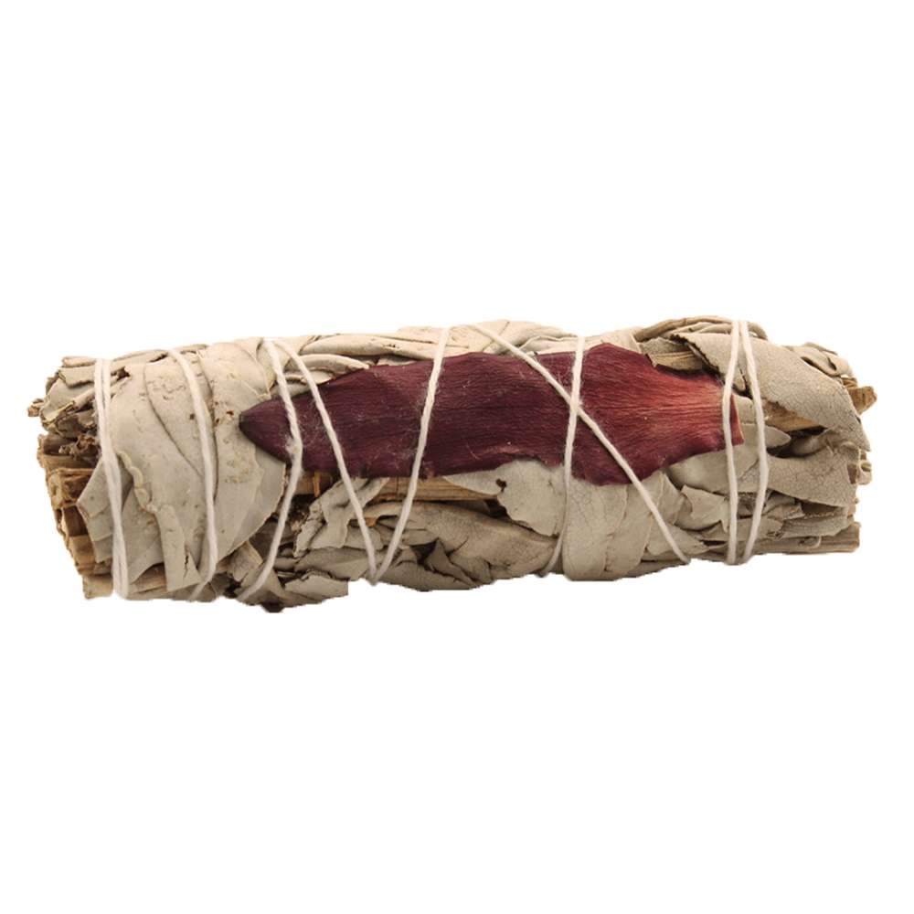 A bundle of dried, pale-greenish leaves and reddish petals bound together with white twine, positioned against a white background.