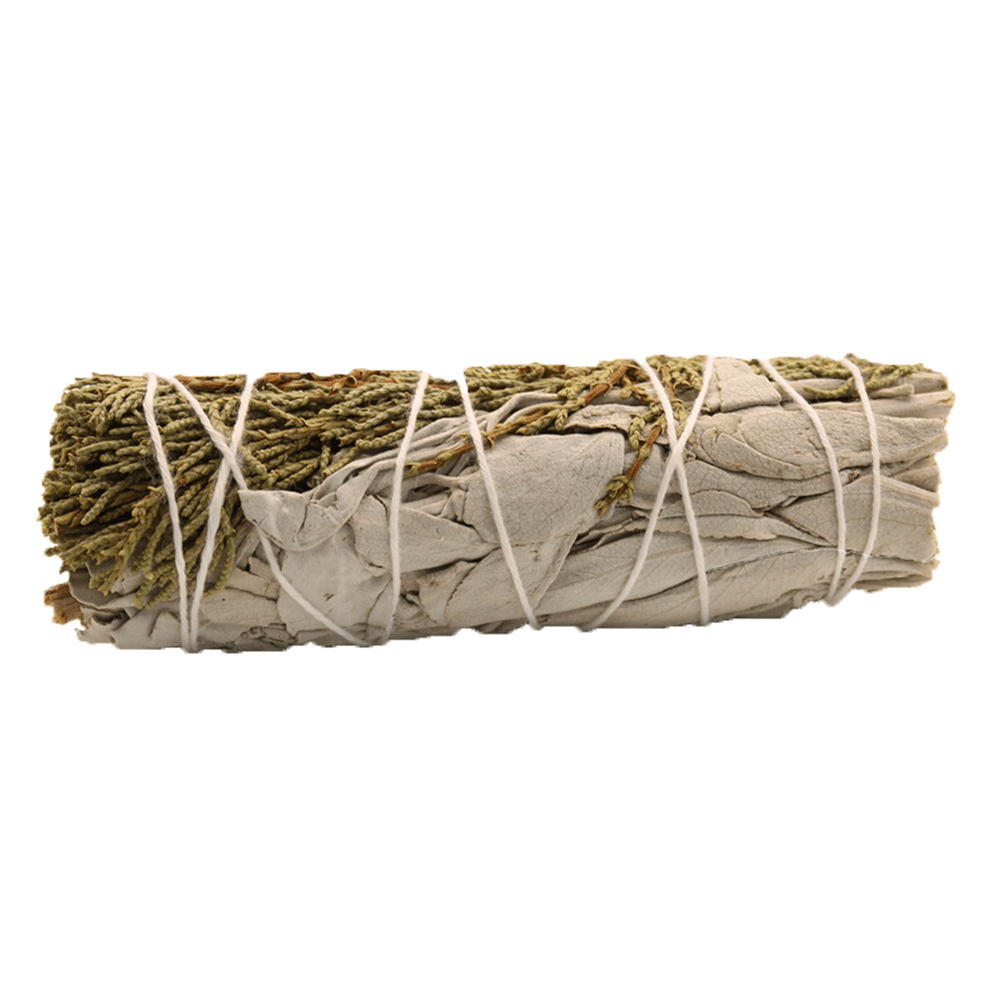 A bundle of white sage and greenery is tightly wrapped with white string on a white background.