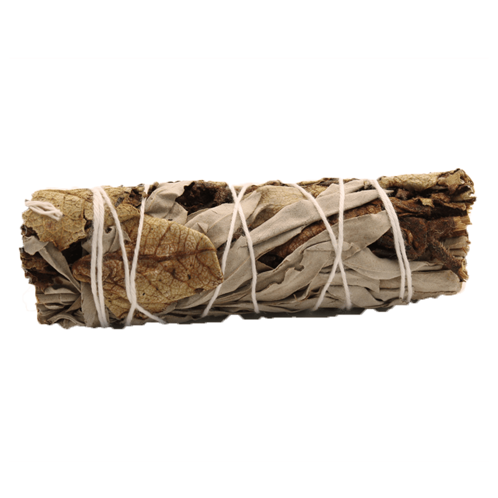 A bundle of dried sage leaves is tied together with white string. The leaves are tan and white and are placed on a white background.