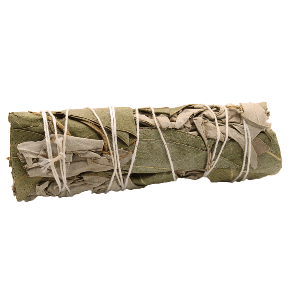 A bundle of dried leaves is wrapped tightly with white string. It rests against a plain white background.