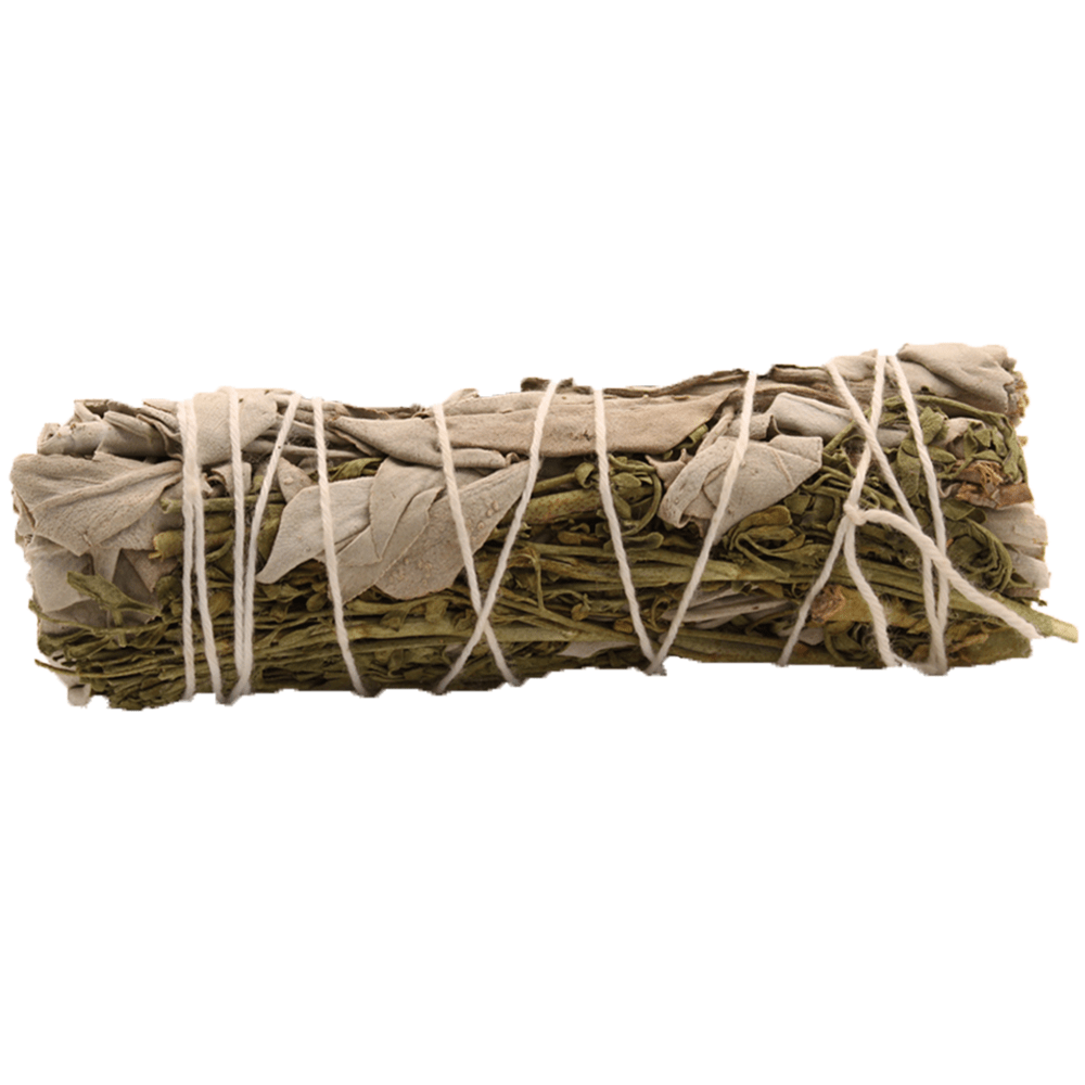 A bundle of dried sage is bound together with white string. It sits against a stark white background.