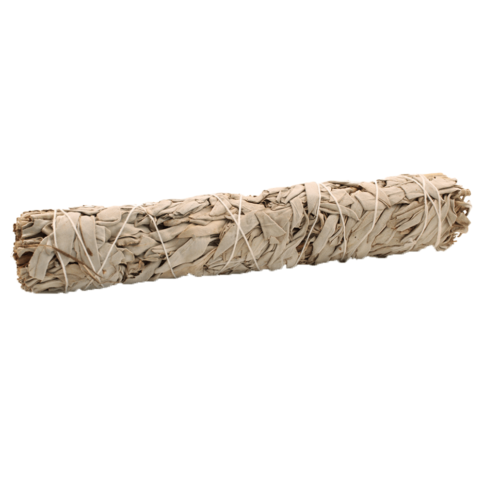 A bundle of dried sage leaves are tightly wrapped with white string. The bundle sits against a stark white background.