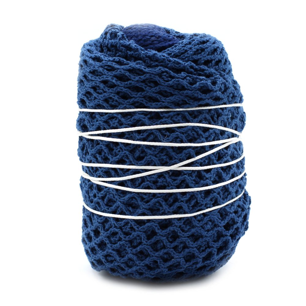 A dark blue knit bundle is held together by several loops of white string, viewed against a plain white background.