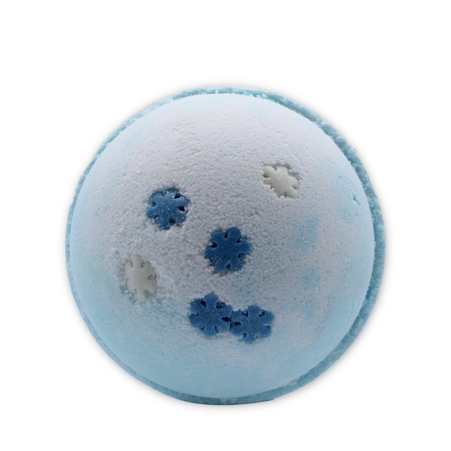 A blue bath bomb is displayed against a white background, featuring embedded white and blue snowflake shapes on its surface.