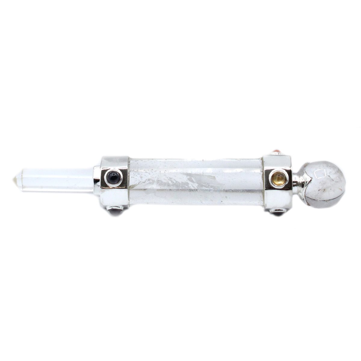 A transparent rod is surrounded by silver metal, with a crystal point on one end and a round ball on the other, against a white background.