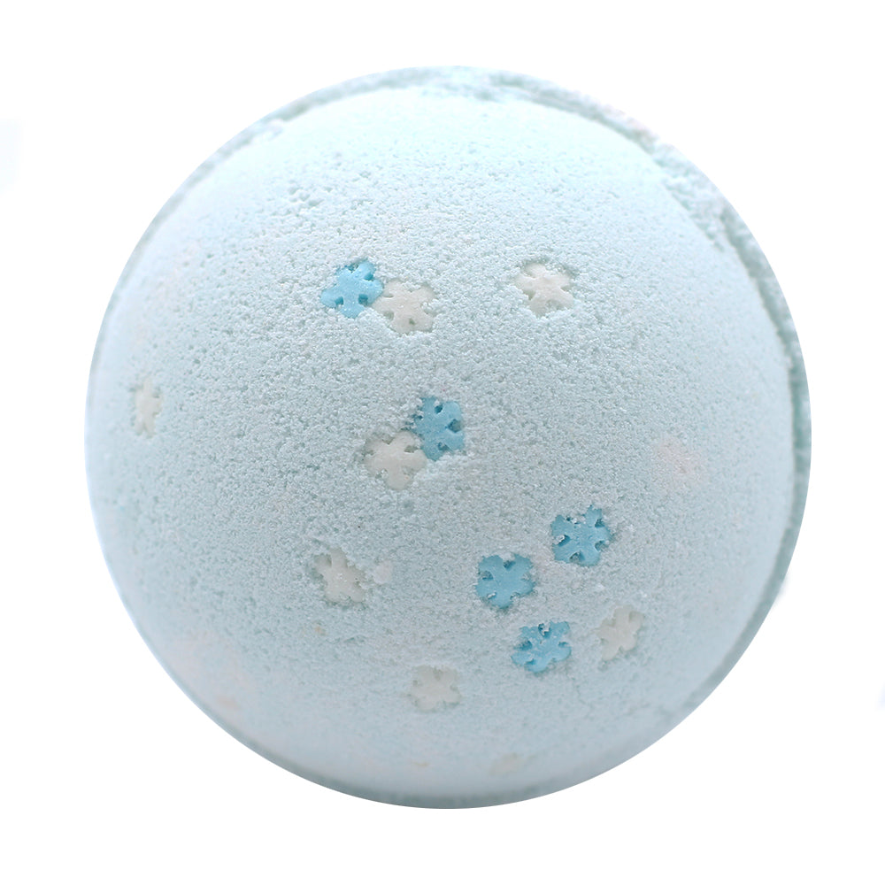 A light blue sphere decorated with embossed white and blue snowflake shapes, set against a plain white background.