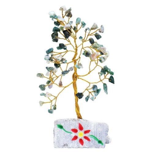 A decorative wire tree with gemstone leaves grows from a rough-hewn stone base adorned with a painted flower in red, yellow, and green.