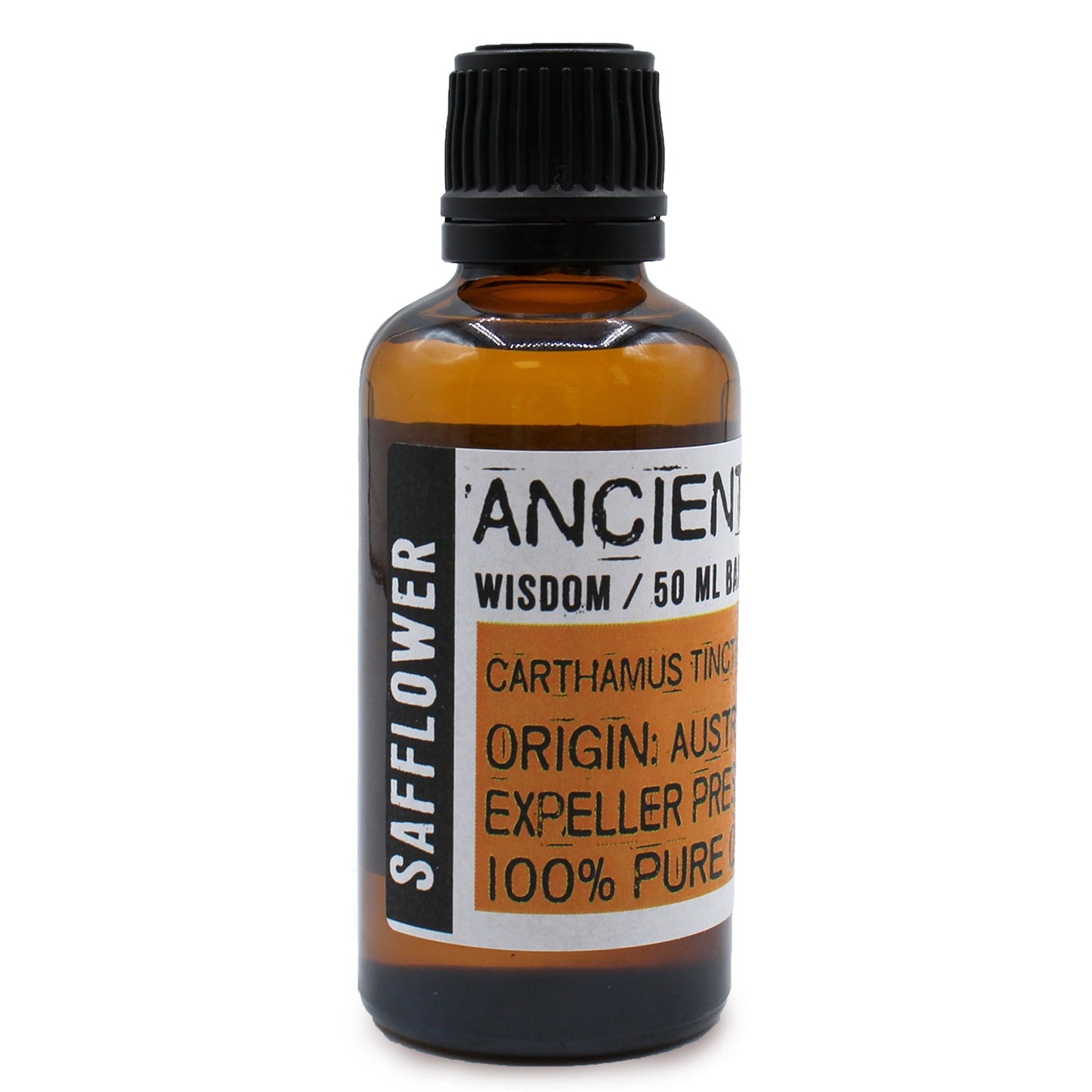 A small, amber glass bottle with a black cap sits in a white space. A label reads "SAFFLOWER" and "'ANCIEN' WISDOM / 50 ML B, CARTHAMUS TING, ORIGIN: AUST, EXPELLER PRE, 100% PURE".