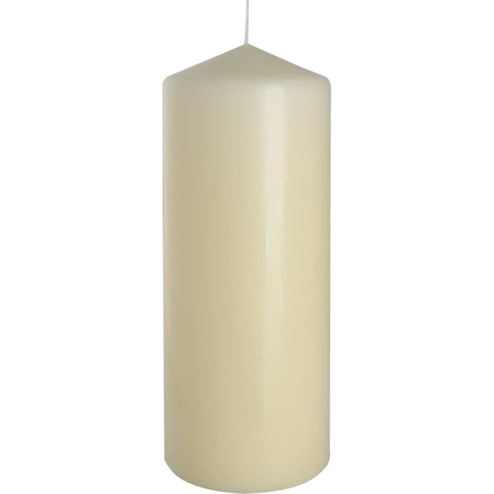 A cylindrical, light beige candle with a conical top section stands upright. The wick extends upward from the top. The background is plain white.