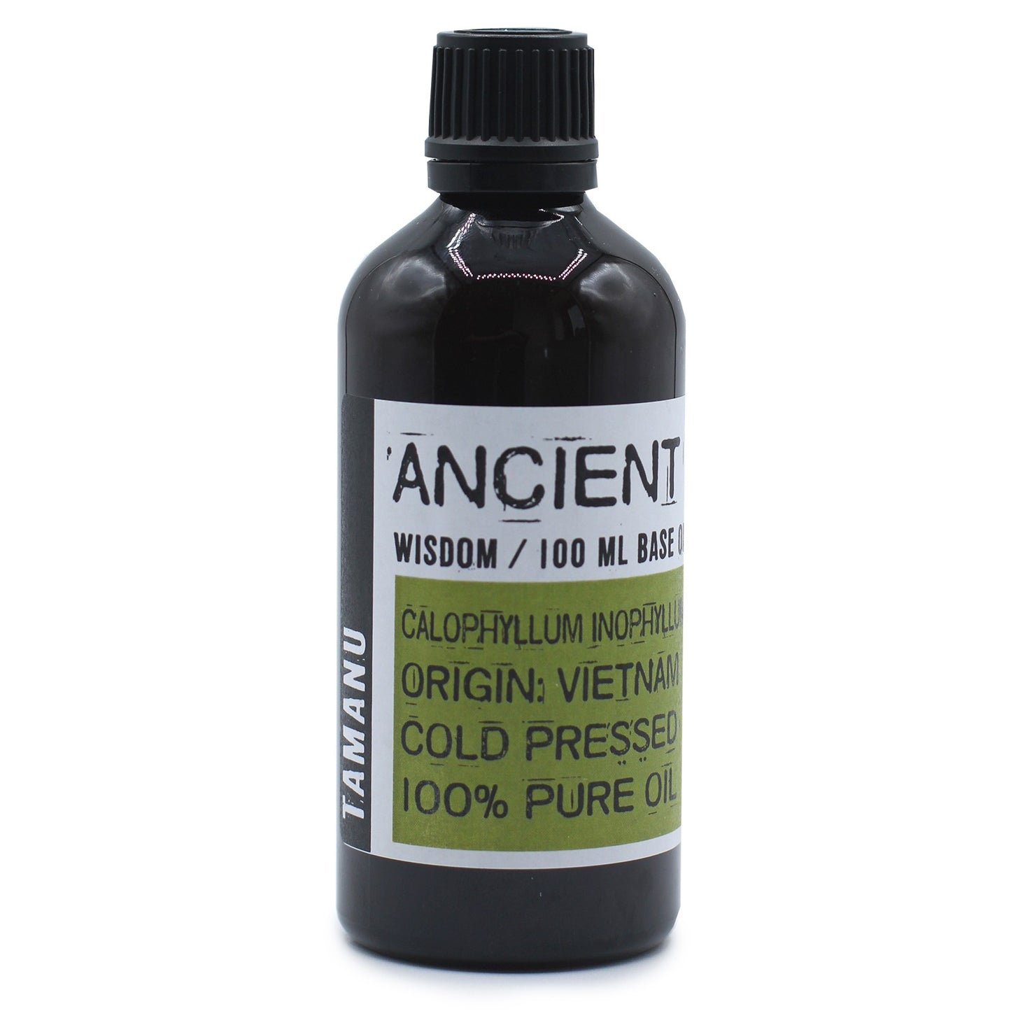 A dark oil bottle stands on a white surface. A label displays "TAMANU 'ANCIENT WISDOM / 100 ML BASE CALOPHYLLUM INOPHYLLO ORIGIN: VIETNAM COLD PRESSED 100% PURE OIL".