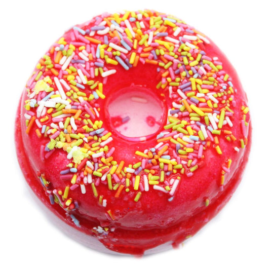 Bright pink donut coated in colorful sprinkles, resting on a plain white background.