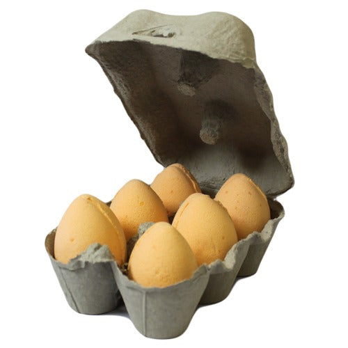 An open gray carton holds six brown eggs, resting in individual compartments. The lid is slightly raised, revealing the smooth eggs inside. The background is plain white.