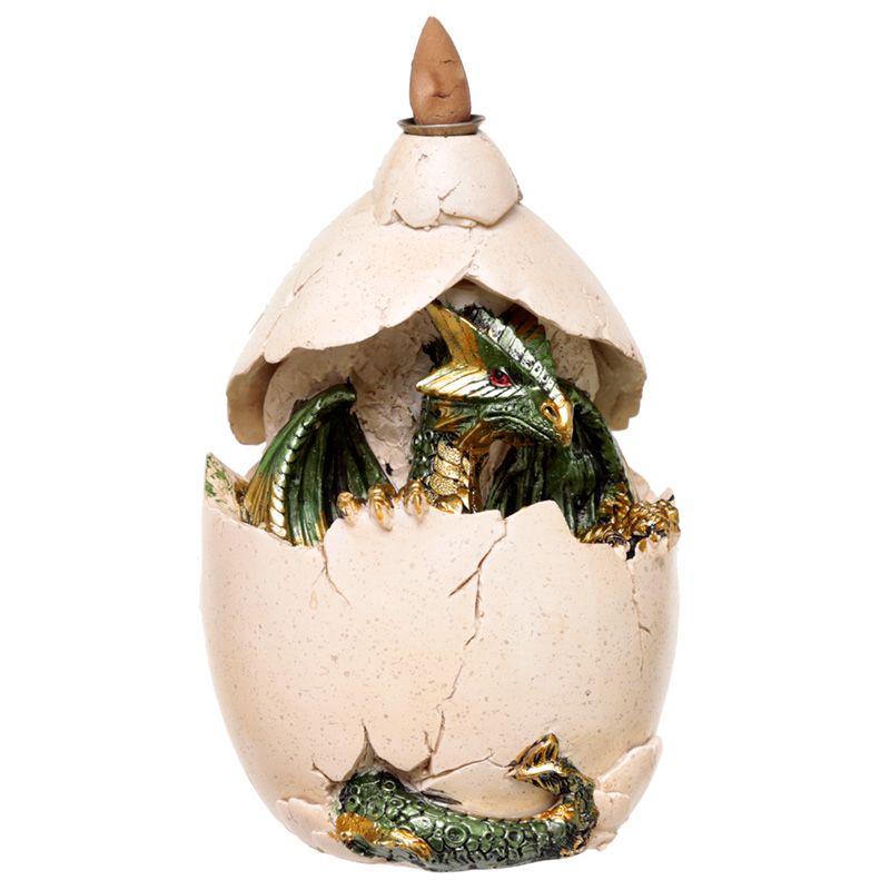 A green dragon emerges from a cracked eggshell, displaying its wings and claws. The egg is detailed, with textured cracks and a pointed top, set against a plain background.