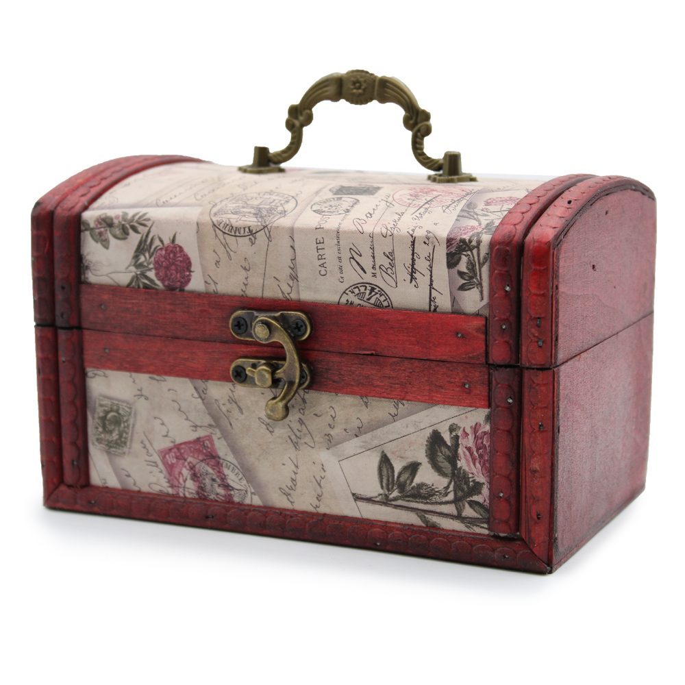 A small wooden chest with vintage postcards and floral illustrations decorates its exterior. It has a brass handle and latch, set against a white background.