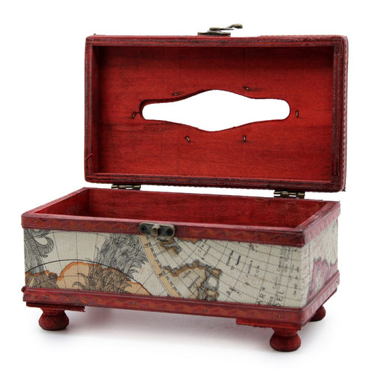 Wooden box with red interior and vintage map design on the exterior, stands open on short legs, set against a plain white background.