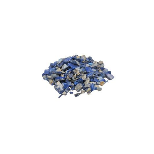 A pile of blue and gray rock fragments sits on a white surface.