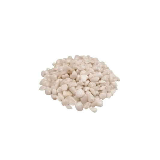 A pile of small, white, polished rocks is clustered together in the center of the frame, on a plain white background.