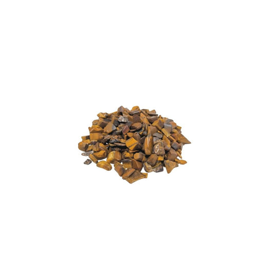 Pile of small tiger's eye stones is heaped in the center of the frame, the stones brown and gold in color, displayed on a plain white background.