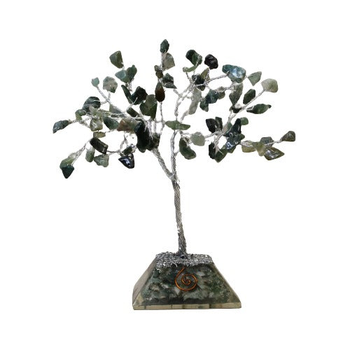 A craft tree with silver wire branches is rooted in a moss-green stone base, displaying small, green stones as leaves, all against a plain white background.