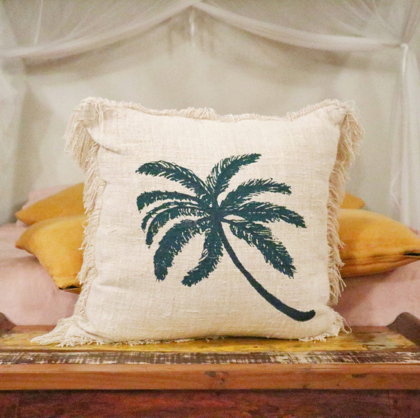 Linen Cushion 60x60cm Palm Tree with Fringe