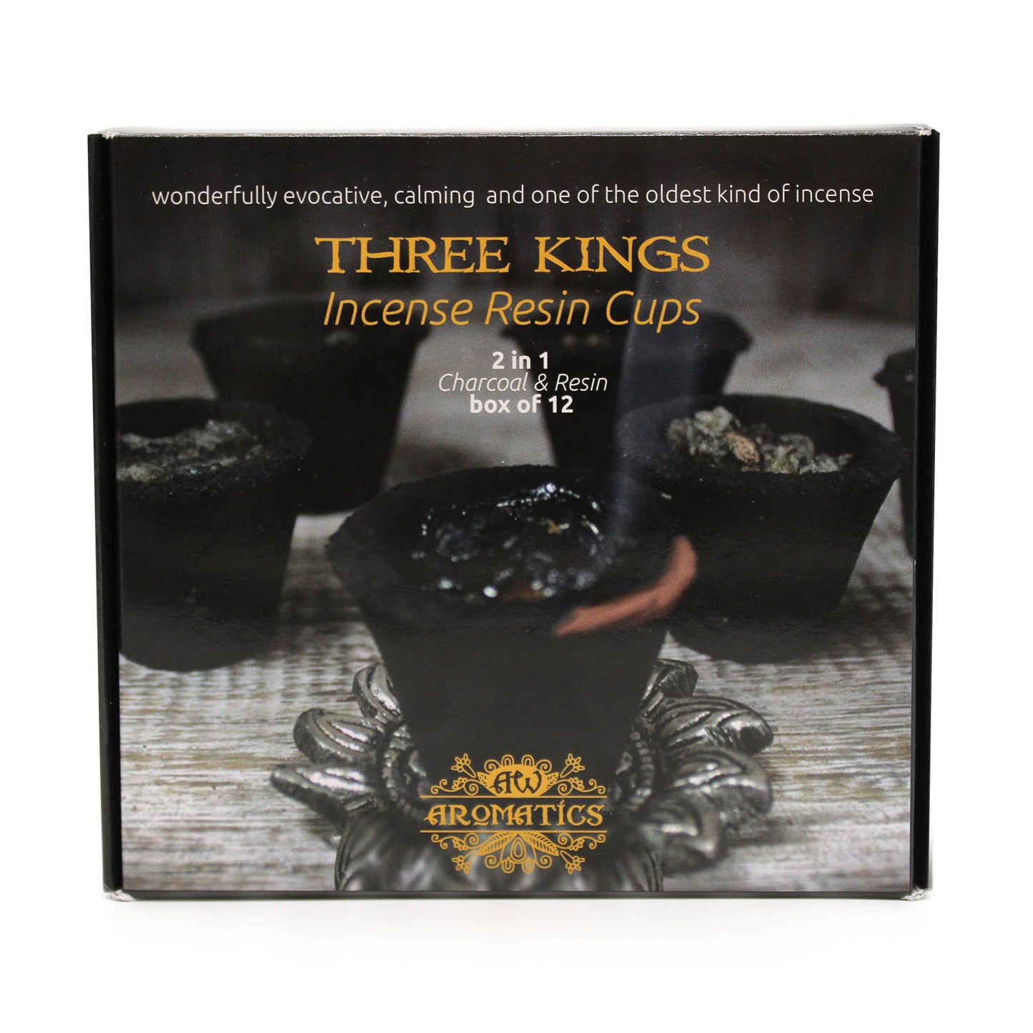 The box features black incense resin cups with ornate bases, labeled "Three Kings Incense Resin Cups." Text: "wonderfully evocative, calming and one of the oldest kind of incense", "2 in 1 Charcoal & Resin box of 12", "AW AROMATICS."