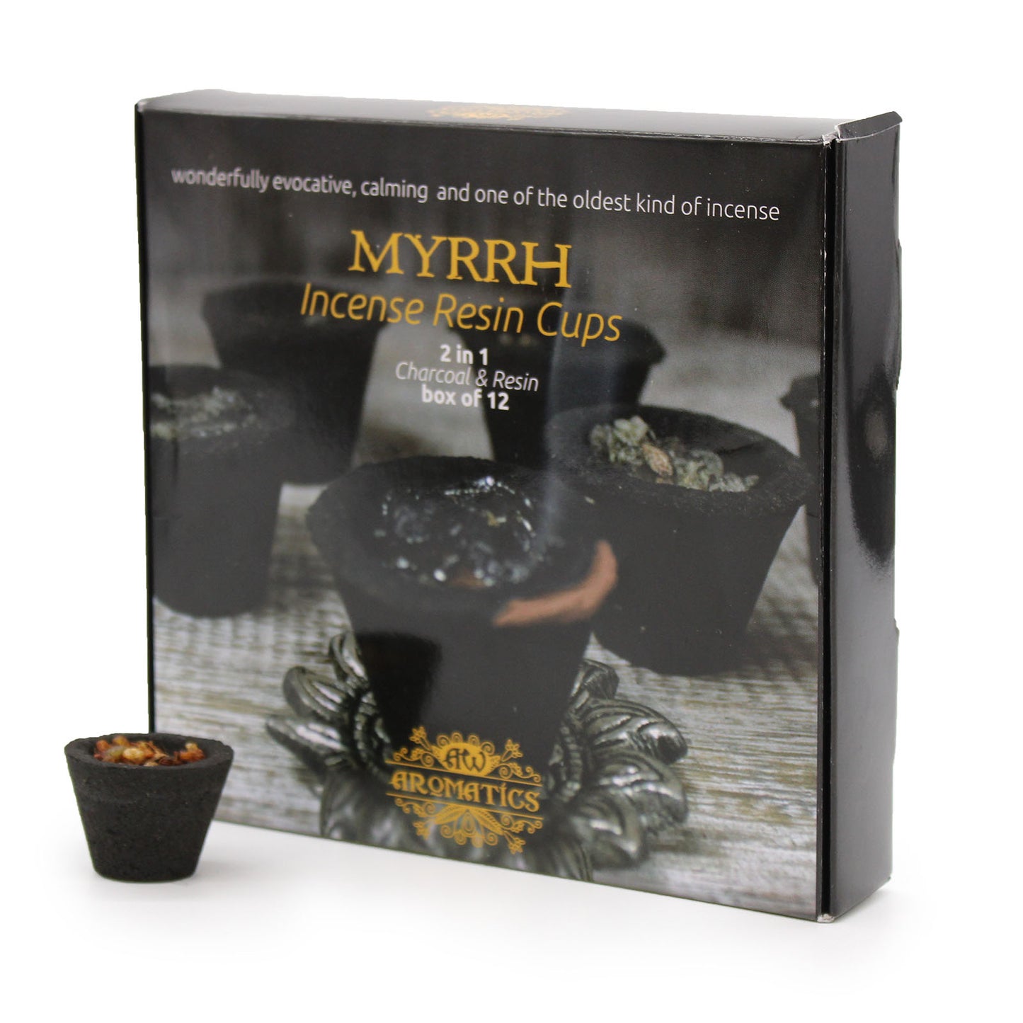 Box of "Myrrh Incense Resin Cups" with a small cup displayed beside it, featuring text: "wonderfully evocative, calming and one of the oldest kind of incense; 2 in 1 Charcoal & Resin box of 12; AW Aromatics".