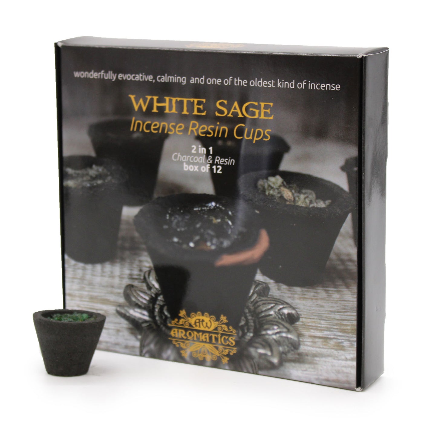 Incense resin cup sits beside a box labeled "White Sage Incense Resin Cups, 2 in 1 Charcoal & Resin, box of 12." The packaging is ornate, evoking a calming ambiance.