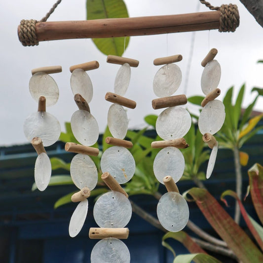 A shell wind chime hangs from a wooden bar, gently swaying. It's composed of numerous small, translucent, circular shells interspersed with short, light brown wooden pieces, outdoors amongst green foliage.