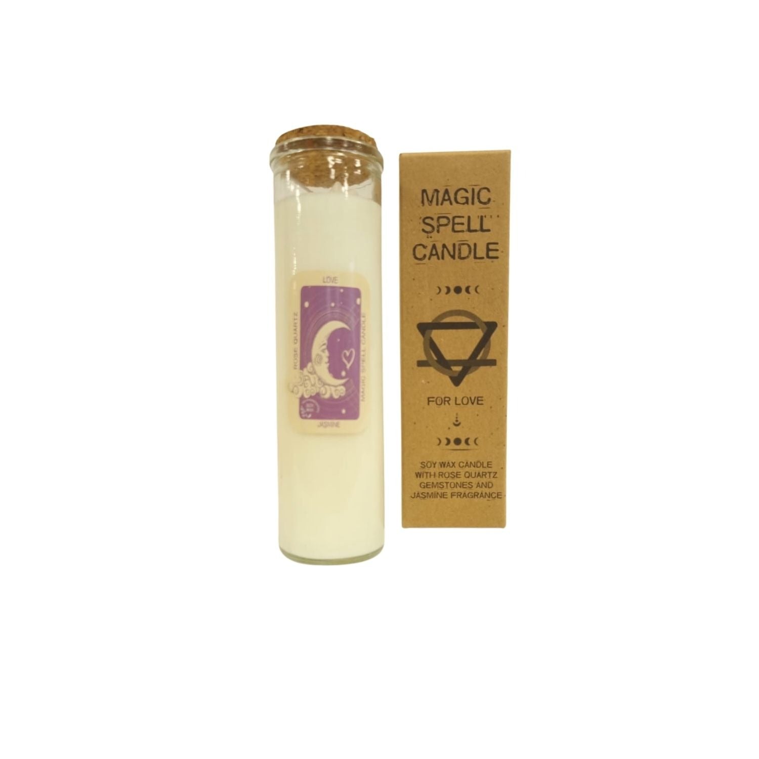 A white candle in a clear, cork-topped glass sits next to a brown box with text. The text on the box reads, "MAGIC SPELL CANDLE ))(( FOR LOVE SOY WAX CANDLE WITH ROSE QUARTZ GEMSTONES AND JASMINE FRAGRANCE." The candle has a purple label on it that has the words, "ROSE QUARTZ", "JASMINE", and "LOVE" on it.