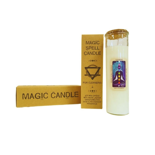 Glass prayer candle stands beside two cardboard boxes on a white background; text: MAGIC CANDLE; MAGIC SPELL CANDLE; FOR CLEANSING; SOY WAX CANDLE WITH WHITE JASPER GEMSTONES AND SAGE & PEPPERMINT FRAGRANCE; CLEANSING; SAGE & PEPPERMINT.