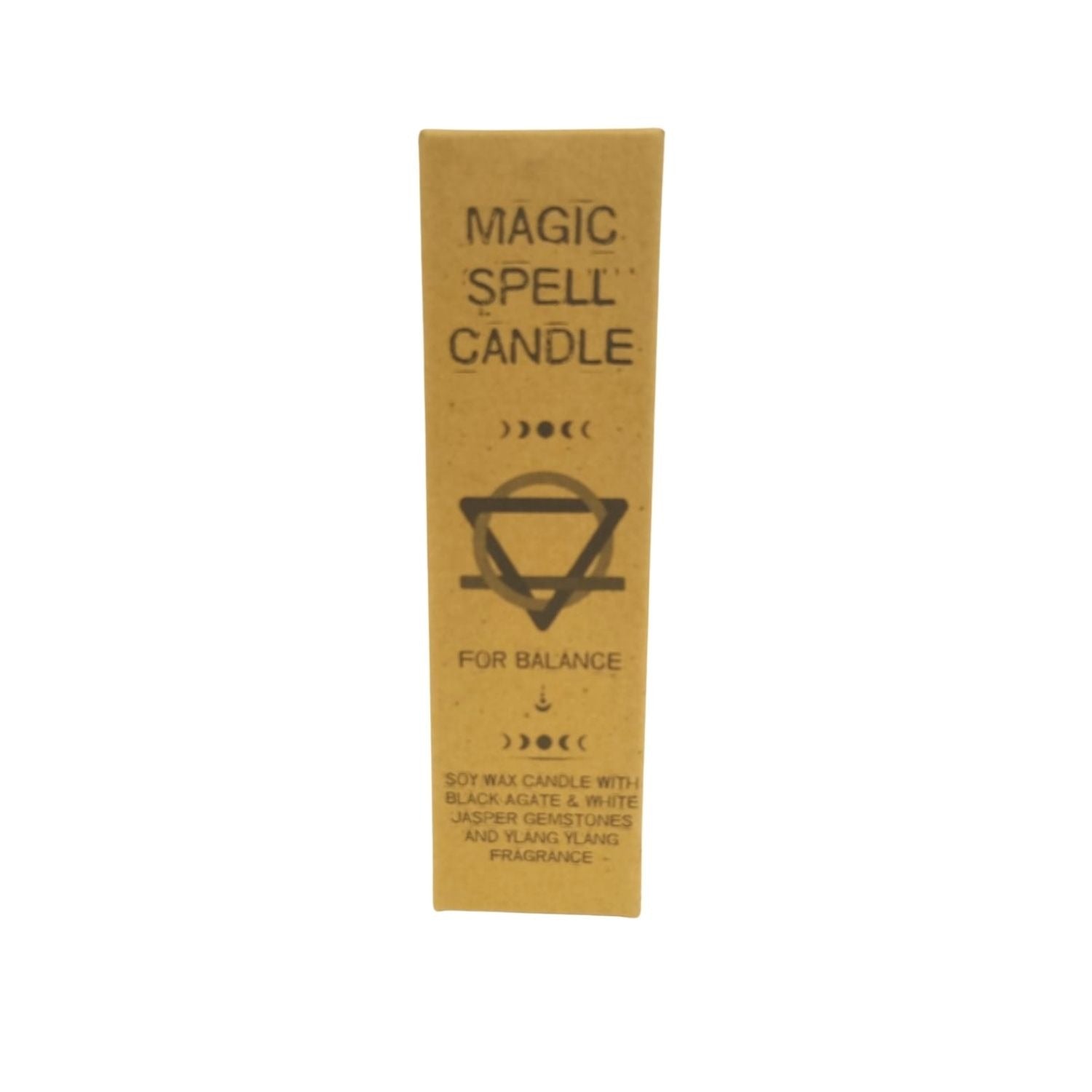 A rectangular kraft box displays "MAGIC SPELL CANDLE", a sigil, and "FOR BALANCE". Additional text on the lower section reads: "SOY WAX CANDLE WITH BLACK AGATE & WHITE JASPER GEMSTONES AND YLANG YLANG FRAGRANCE".