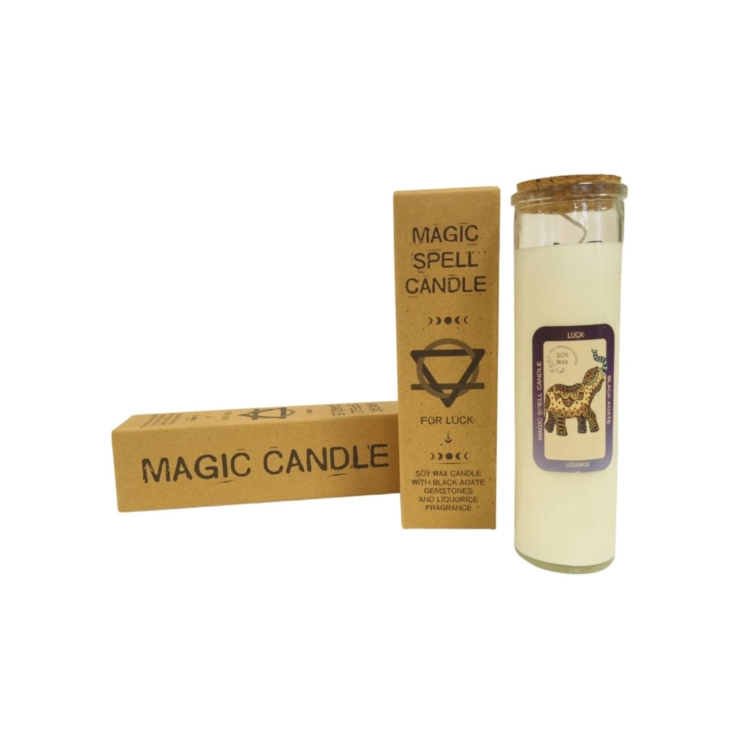 Glass jar candle with cork sits beside two kraft boxes on a white background; visible text: MAGIC CANDLE; MAGIC SPELL CANDLE; FOR LUCK.; SOY WAX CANDLE WITH BLACK AGATE GEMSTONES AND LIQUORICE FRAGRANCE; LUCK; MAGIC SPELL CANDLE; LICORICE.