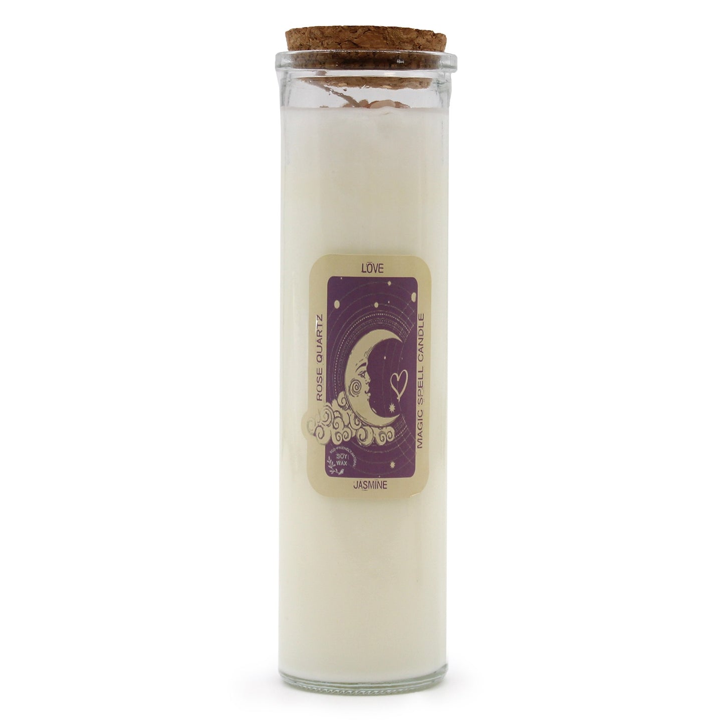 A jar candle stands on a white surface, unlit, and sealed with a cork lid. The jar is labeled "Love Rose Quartz Magic Spell Candle Jasmine" with a graphic of a crescent moon.