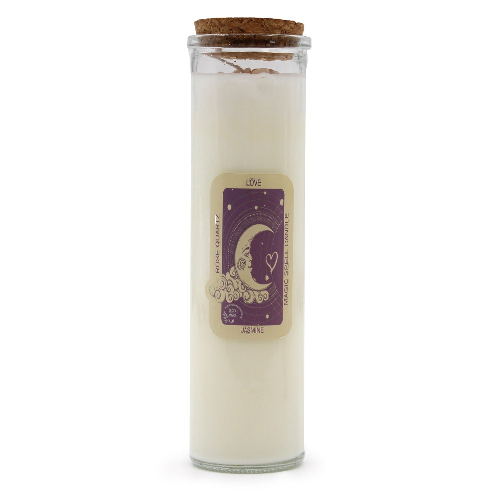 A jar candle stands on a white surface, unlit, and sealed with a cork lid. The jar is labeled "Love Rose Quartz Magic Spell Candle Jasmine" with a graphic of a crescent moon.